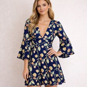 MESTIZA NEW YORK Embroidered Floral Navy V-Neck Fit & Flare Mini Dress Size 8